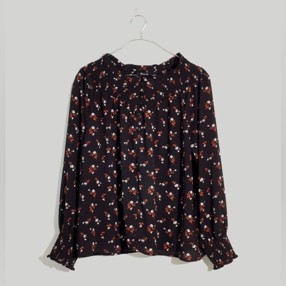 Madewell Plus Embroidered Smockneck Top in Tossed Floral Black Orange White 1X
